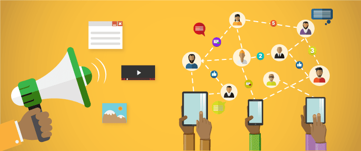 Illustration de la promotion sur les réseaux sociaux avec un mégaphone et un réseau d'utilisateurs connectés.