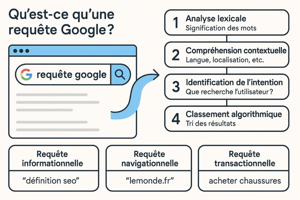 Infographie expliquant ce qu'est un mot clé Google : intention informationnelle, navigationnelle et transactionnelle.