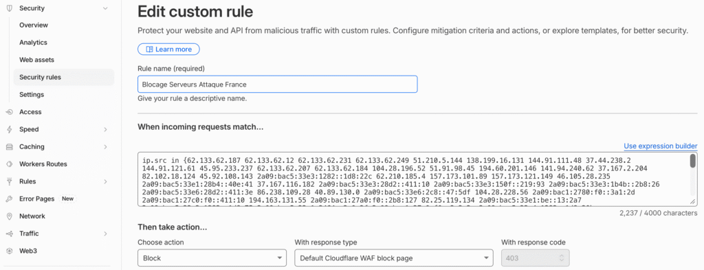 Configuration règle WAF Cloudflare blocage adresses IP attaque serveur